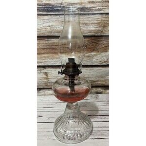 Vintage Clear Glass Pedestal Oil Lamp Large with Chimney Wick Ribbed Base